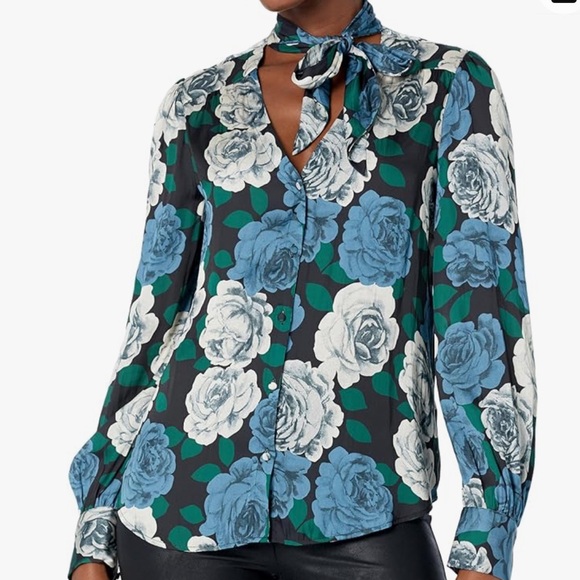 New Paige x Anthropologie Cleobelle Scarf Lg Blue Black Floral Silky Buttondown - Picture 9 of 14